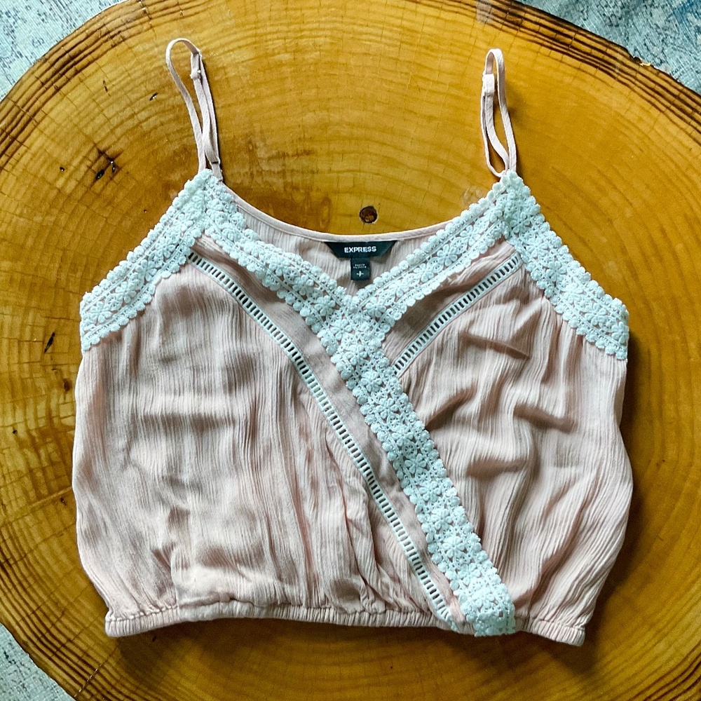Vintage Express camisole tank top pink with white lace eyelet trim Y2K